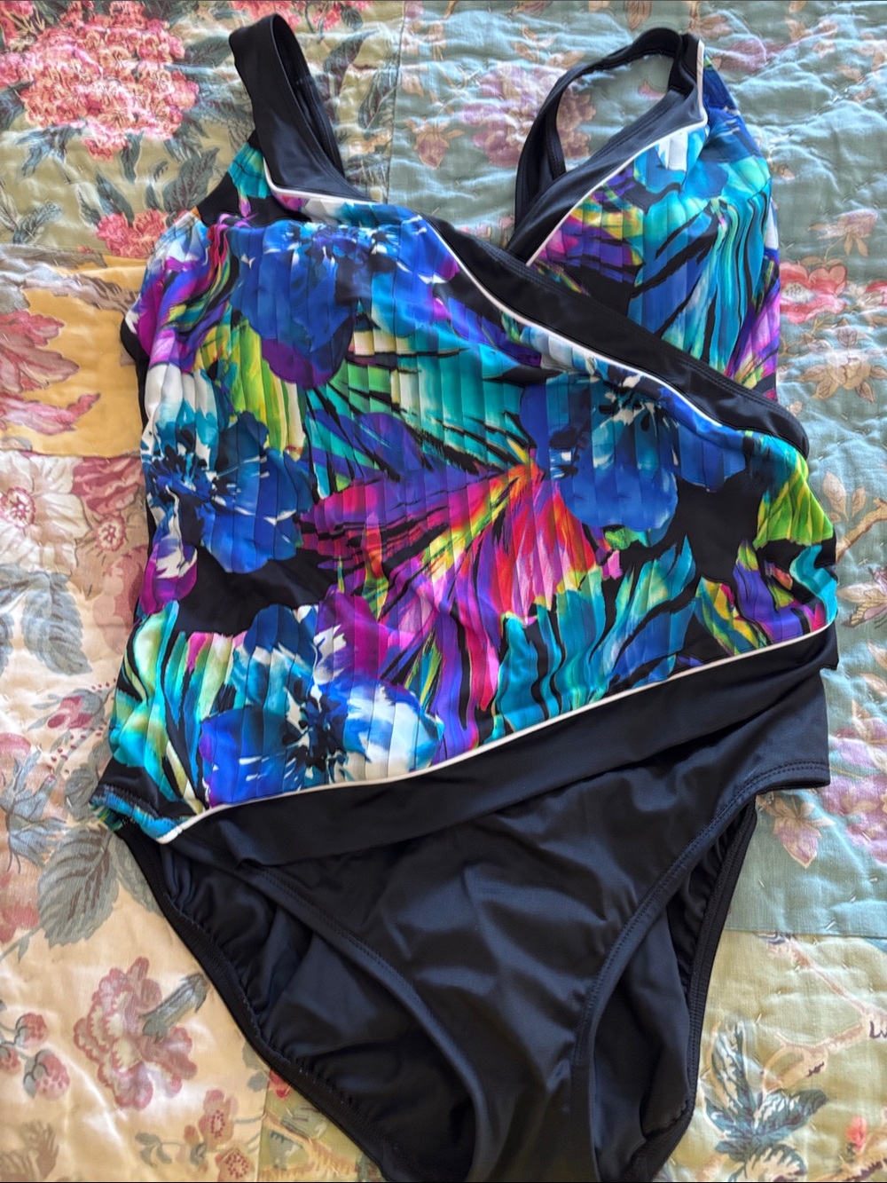 Black One-Piece Swimsuit with Vibrant Blue & Multicolor Floral Print